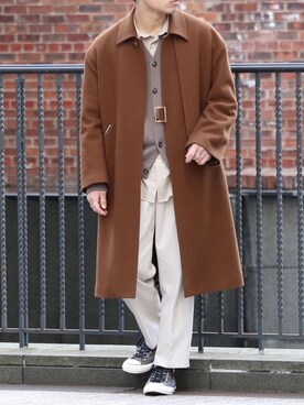「CULLNI（クルニ）のアイテム（ステンカラーコート）」を使った、ざっきーさん（メンズ・178cm）の冬コーディネート