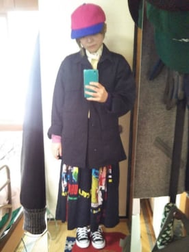 「アイテム（バンダナ/スカーフ、ホワイト系）」を使った、Kaeさん（レディース・155cm）の冬コーディネート