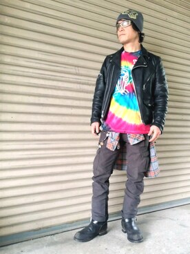 「アイテム（ライダースジャケット）」を使った、kit sinさん（メンズ・162cm・40代）の春コーディネート