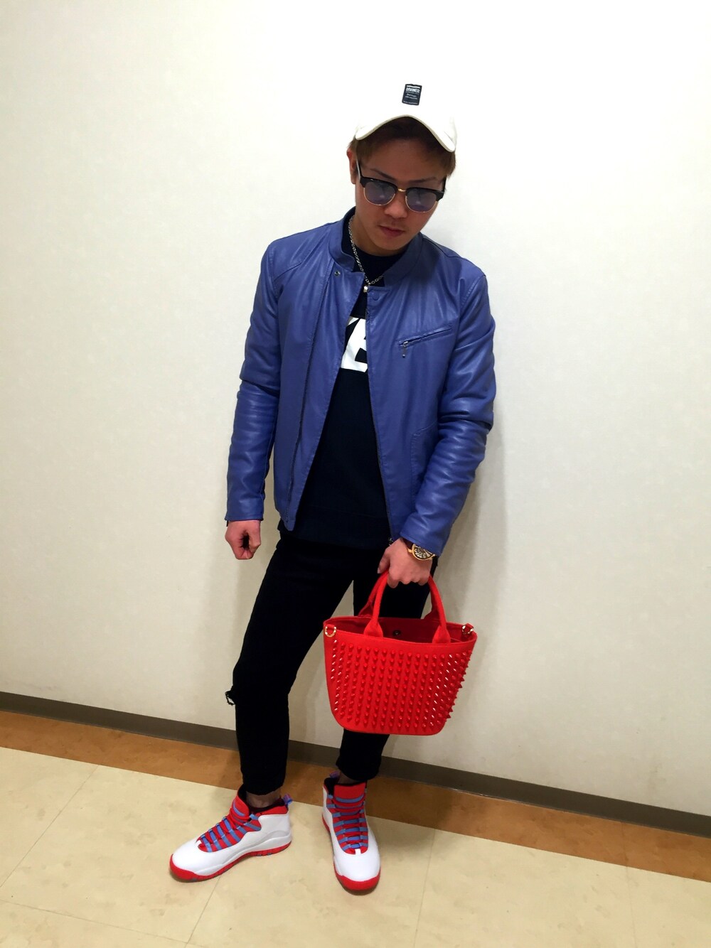 「カジュアルコーデ、NikeSB、airjordan、Diavel」｜「GUのアイテム（ライダースジャケット、パープル系）」を使った、はるぽんさん（メンズ・170cm）の冬コーディネートの1枚目の写真