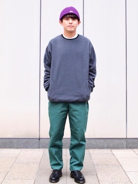 「coen（コーエン）の【女性にもオススメ】シェフパンツ"CHEF PANTS"(一部WEB限定カラー)(イージーパンツ/バルーンパンツ/チェック/ストライプ/デニム)#（その他パンツ、ブルー系）」を使った、coen しのぴーさん（メンズ・163cm）の冬コーディネート