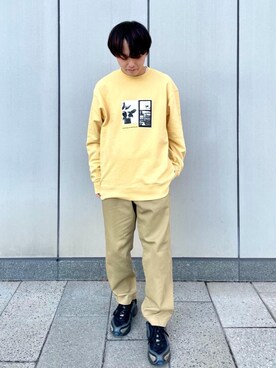 「coen（コーエン）のカツラギツータックワイドテーパードパンツ(デニムパンツ)＃（デニムパンツ、ベージュ系）」を使った、coen しのぴーさん（メンズ・163cm）の冬コーディネート