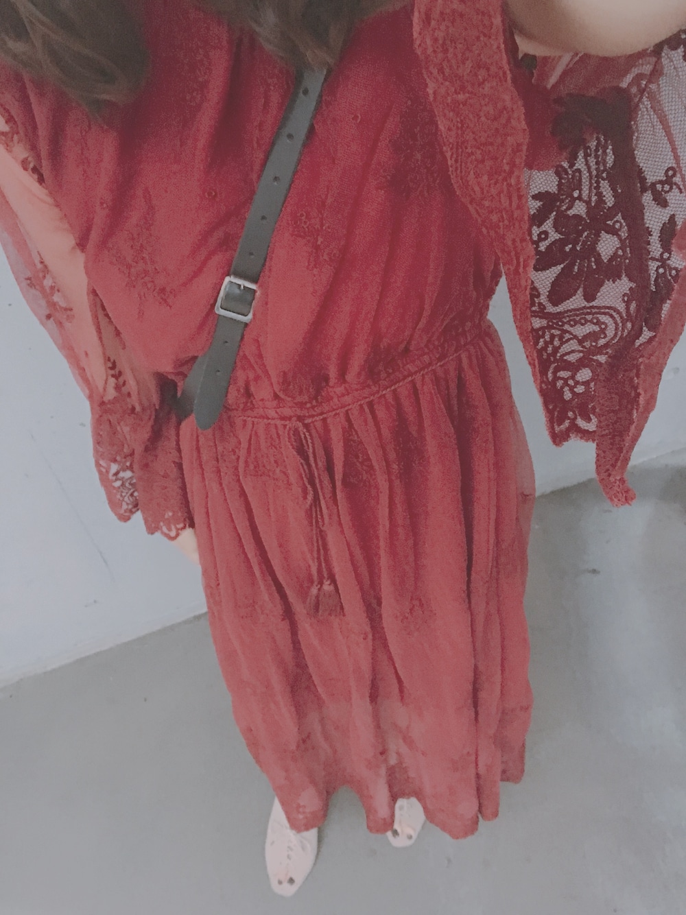 「one after another NICE CLAUPのヴィンテージレースロングワンピース（ワンピース、レッド系）」を使った、rykさん（レディース・156cm）の夏コーディネートの1枚目の写真