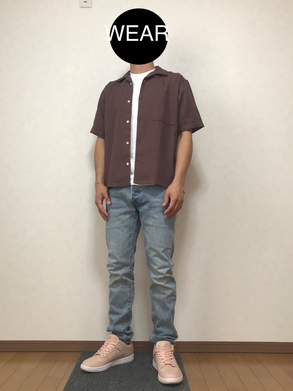 「NIKE、チャオパニックティピー(CIAOPANIC TYPY)、リーバイス、Levi's、501skinny、GU、オープンカラーシャツ、シンプルコーデ、低身長、シャツスタイル」｜「CIAOPANIC TYPYのアイテム（シャツ/ブラウス、ブラウン系）」を使った、DAISUKEさん（メンズ・166cm）の秋コーディネートの1枚目の写真