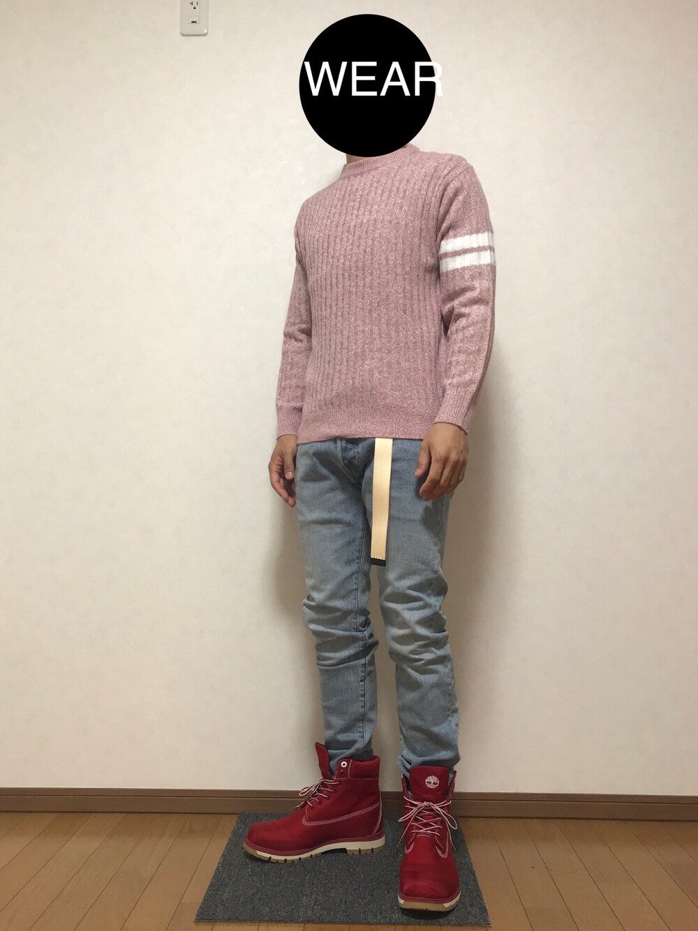 「ティンバーランド、Timberland、ブーツ、levi’s、501、GU、MONO-MART、スキニーデニム」｜「GUのアイテム（ニット/セーター、ピンク系）」を使った、DAISUKEさん（メンズ・166cm）の秋コーディネートの1枚目の写真