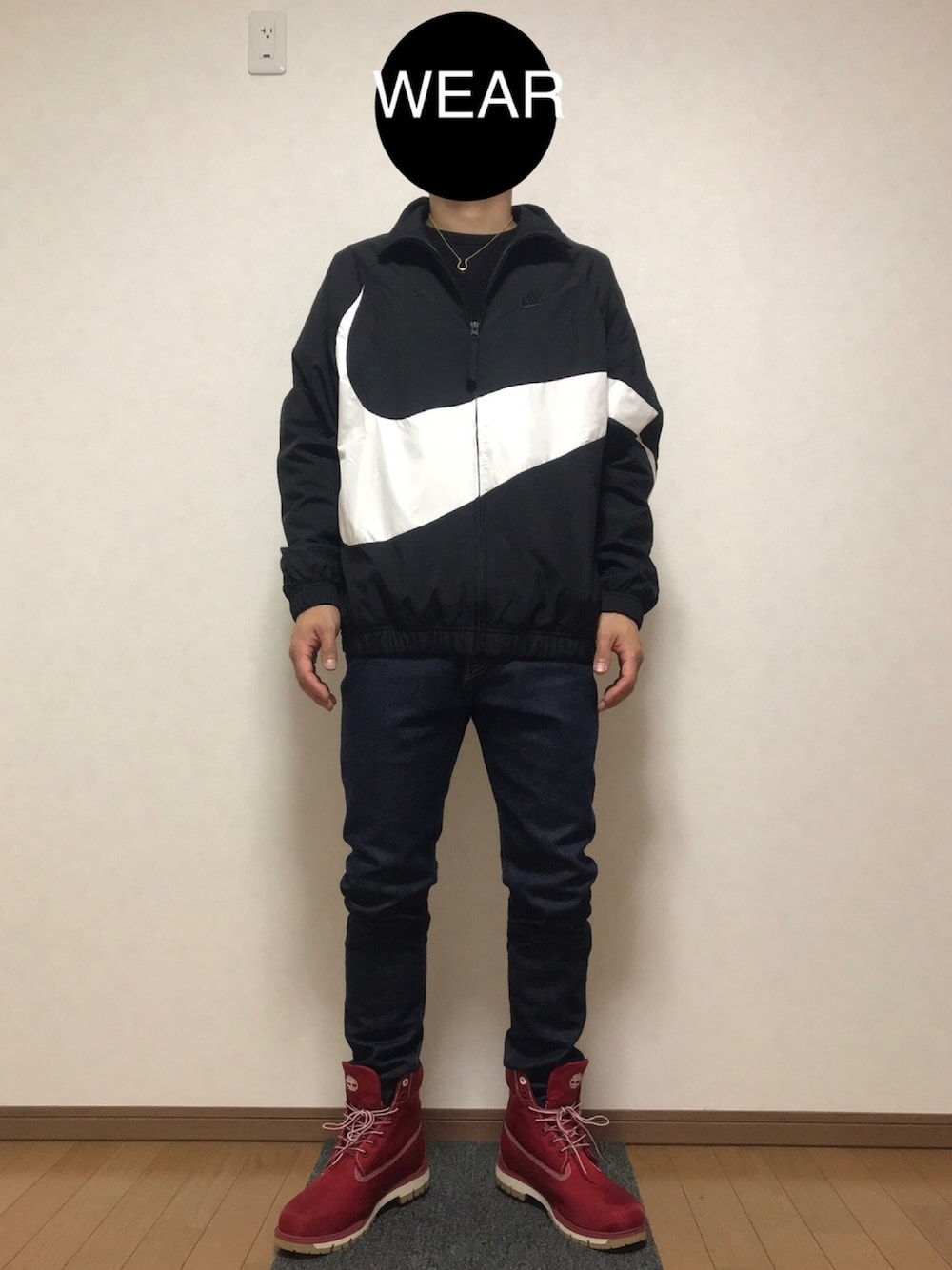 「Timberland、ティンバーランド、NIKE、blackdia、MONO-MART、501skinny、リーバイス、スキニー、ブーツ、UNIQLO」｜「NIKEの【MENS】HBR STMT WOVEN JACKET / NIKE（ナイロンジャケット、ブラック系）」を使った、DAISUKEさん（メンズ・166cm）の秋コーディネートの1枚目の写真