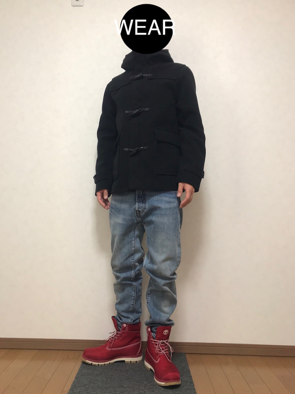 「Timberland、ティンバーランド、WEGO、Levi's、ダッフルコート、シンプル、ブーツ」｜「WEGOのWEGO/ウールタッチダッフルコート（ダッフルコート、ブラック系）」を使った、DAISUKEさん（メンズ・166cm）の秋コーディネートの1枚目の写真