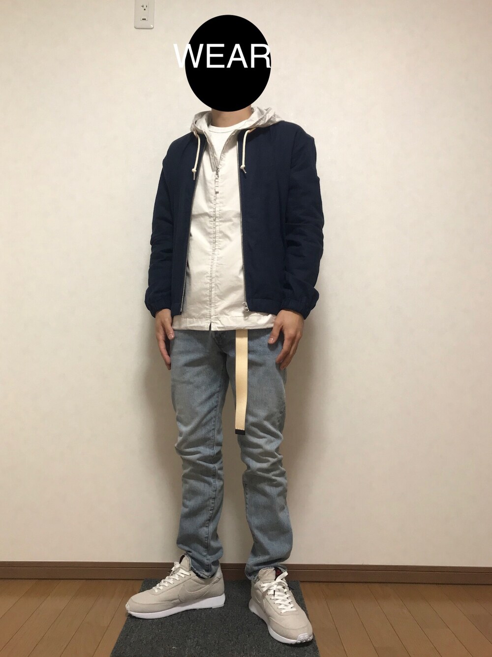 「チャオパニックティピー(CIAOPANIC TYPY)、CIAOPANIC TYPY、マウンテンパーカー、Levi's、NIKE、やっぱりストリートが好き、おしゃれさんと繋がりたい、スキニーデニム」｜「CIAOPANIC TYPYのリネンレーヨンジップアップブルゾン（ブルゾン、ブルー系）」を使った、DAISUKEさん（メンズ・166cm）の秋コーディネートの1枚目の写真