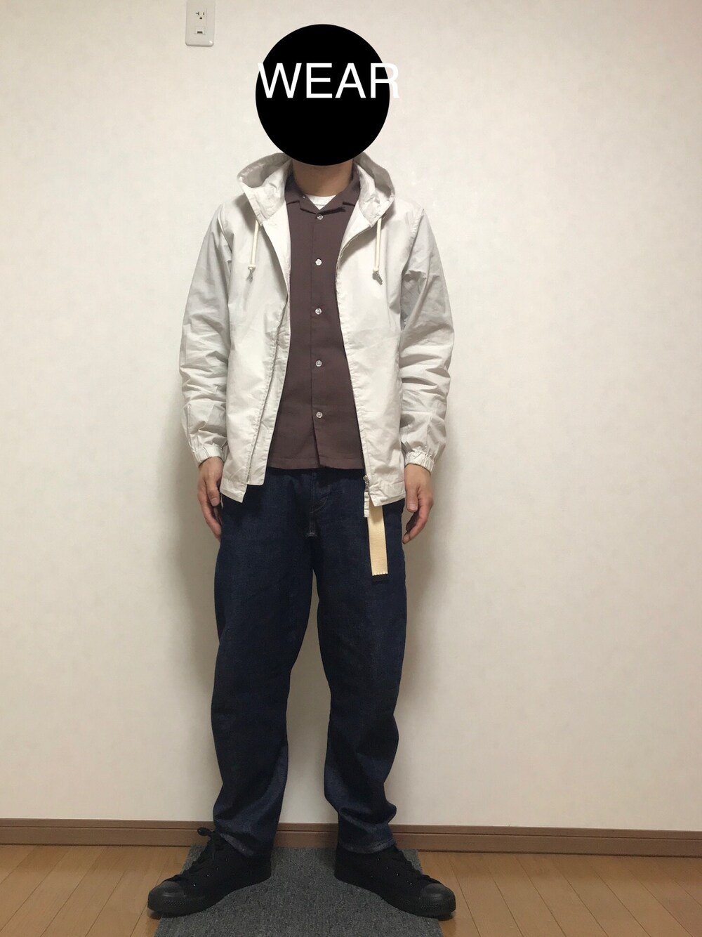 「CIAOPANIC TYPY、チャオパニックティピー(CIAOPANIC TYPY)、Levi's、SVEC(SVEC)、MONO-MART、マウンテンパーカー、オープンカラーシャツ、やっぱりストリートが好き、おしゃれさんと繋がりたい、低身長」｜「CIAOPANIC TYPYの40タイプライターフードブルゾン（マウンテンパーカー、ホワイト系）」を使った、DAISUKEさん（メンズ・166cm）の秋コーディネートの1枚目の写真