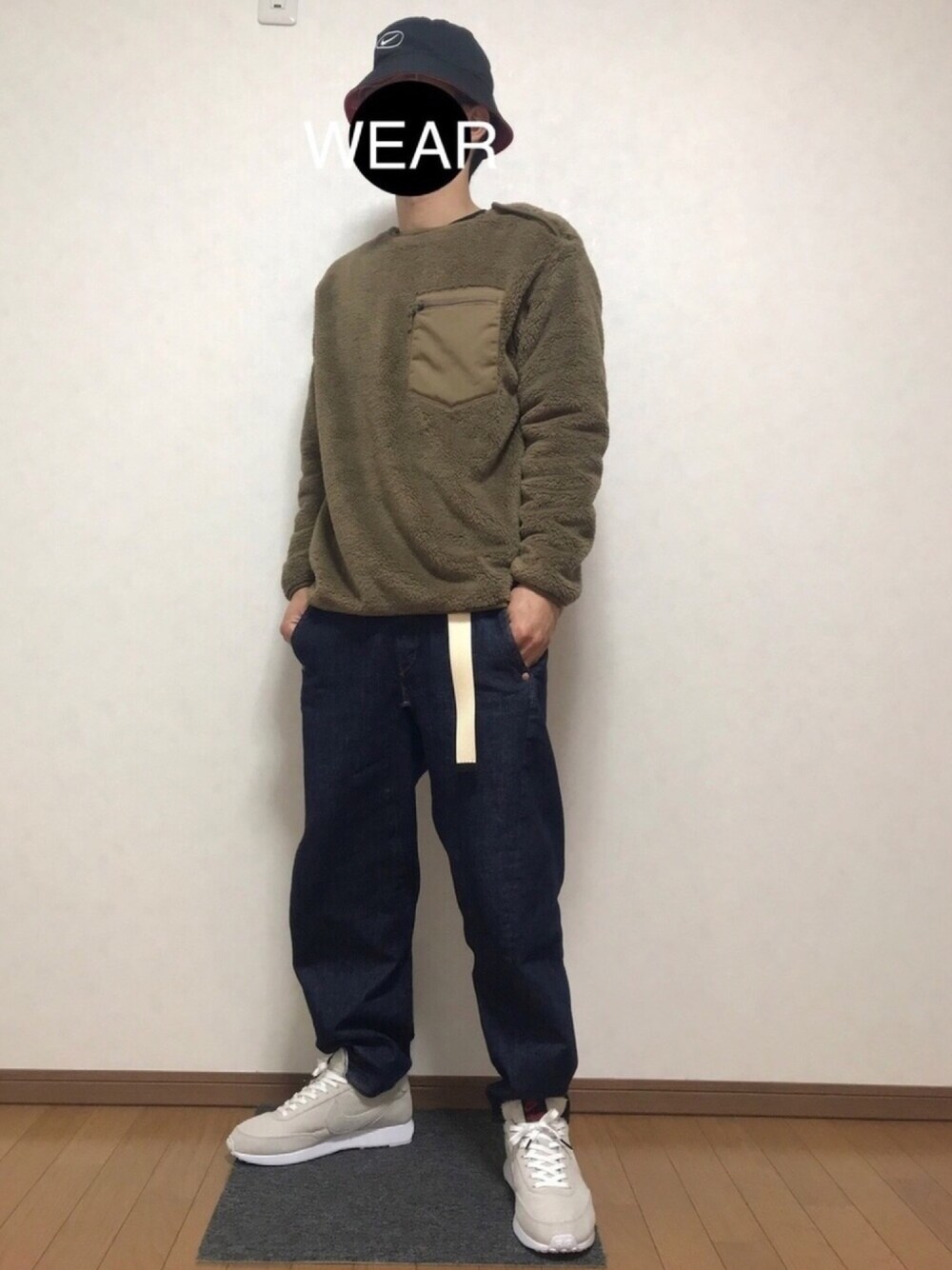 「ユニクロ、UNIQLO、フリース、プルオーバー、フリースプルオーバー、NIKE、Levi's、MONO-MART、おしゃれさんと繋がりたい、冬コーデ」｜「NIKEのナイキ スポーツウェア スウッシュ ウィメンズ バケット キャップ（ハット、ブラック系）」を使った、DAISUKEさん（メンズ・166cm）の秋コーディネートの1枚目の写真