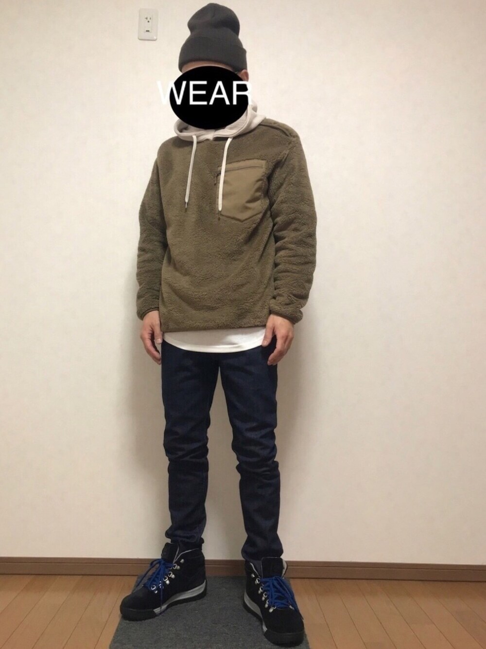 「ユニクロ、UNIQLO、フリースプルオーバー、フリース、プルオーバー、CIAOPANIC TYPY、スキニーデニム、Timberland、Levi's、冬コーデ」｜「CIAOPANIC TYPYのワッフルコンビショートスリーブパーカー（パーカー、グレー系）」を使った、DAISUKEさん（メンズ・166cm）の秋コーディネートの1枚目の写真