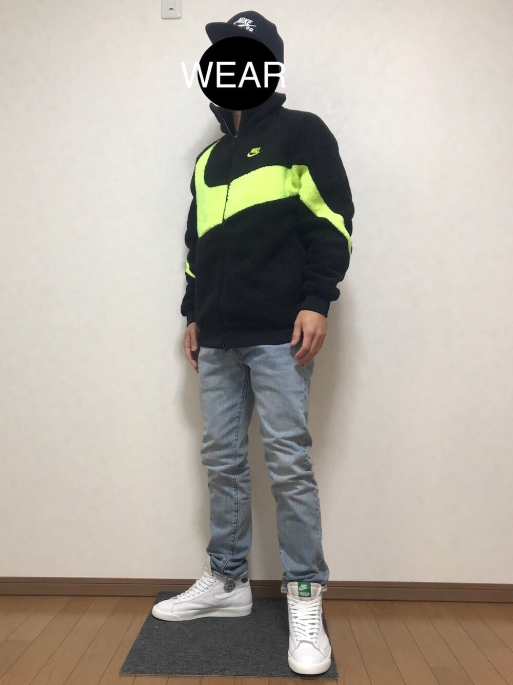 「NIKE、ナイキ、ボアジャケット、ボア、Levi's、やっぱりストリートが好き、お洒落さんとつながりたい、低身長、ビッグスウッシュ、スキニー」｜「NIKEのナイキ SB アイコン アジャスタブル キャップ（キャップ、ブラック系）」を使った、DAISUKEさん（メンズ・166cm）の秋コーディネートの1枚目の写真