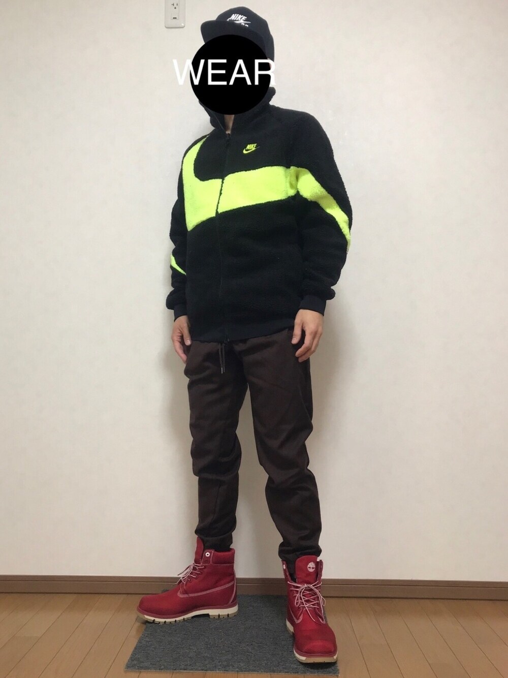 「NIKE、ナイキ、ボア、ボアジャケット、Timberland、やっぱりストリートが好き、お洒落さんとつながりたい、GU、低身長、ビッグスウッシュ」｜「NIKEのナイキ SB アイコン アジャスタブル キャップ（キャップ、ブラック系）」を使った、DAISUKEさん（メンズ・166cm）の秋コーディネートの1枚目の写真