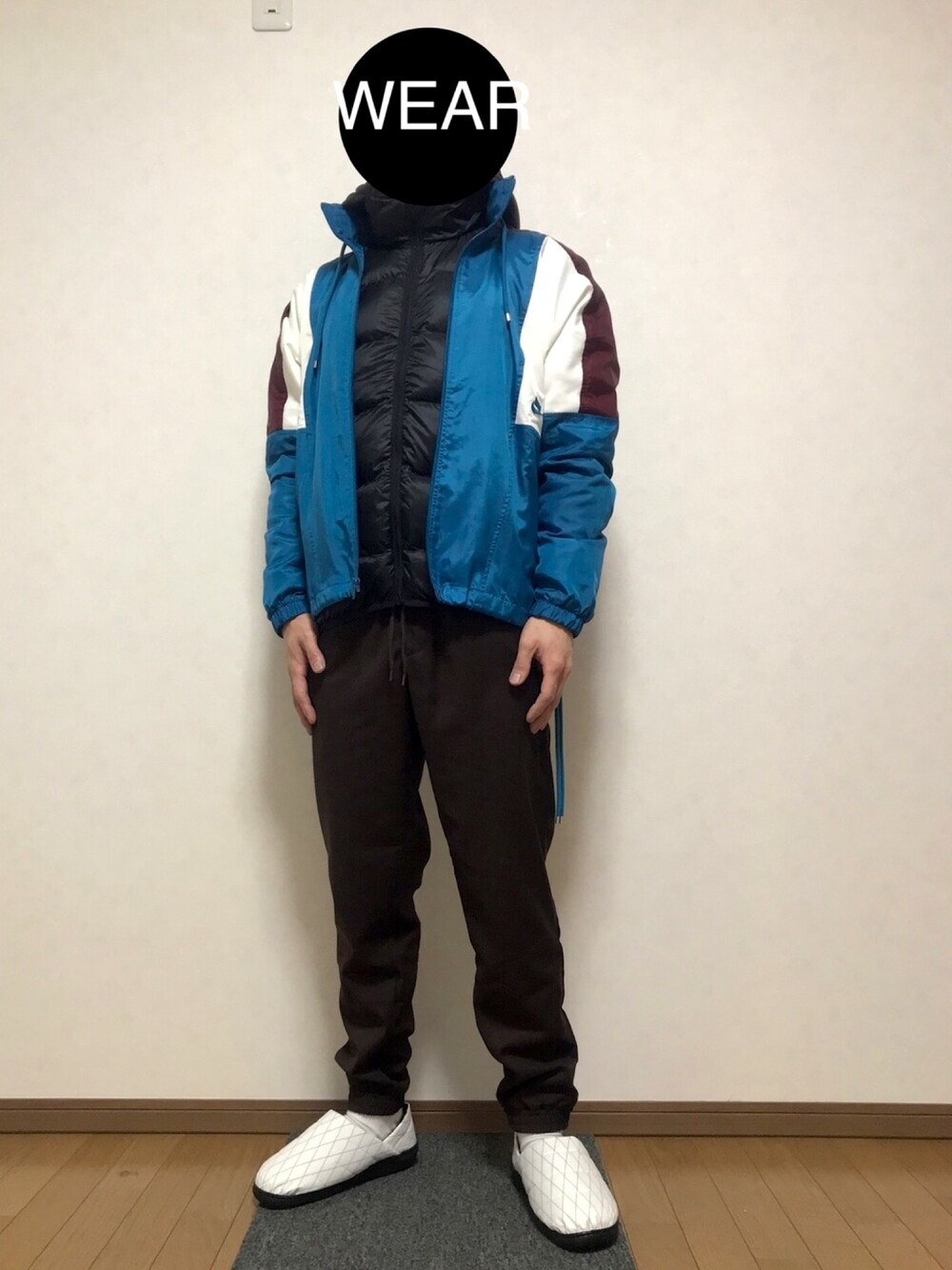 「冬アウター着回しチャレンジ、冬コーデ、おしゃれさんと繋がりたい、いいね、save、フォローお願いします🤑、スリッポン、ジャケット、ダウンジャケット、NIKE、GU、GLOBAL WORK」｜「NIKEのナイキ スポーツウェア メンズ ウーブン ジャケット / NIKE《セットアップ対応商品》（その他アウター、ブルー系）」を使った、DAISUKEさん（メンズ・166cm）の冬コーディネートの1枚目の写真