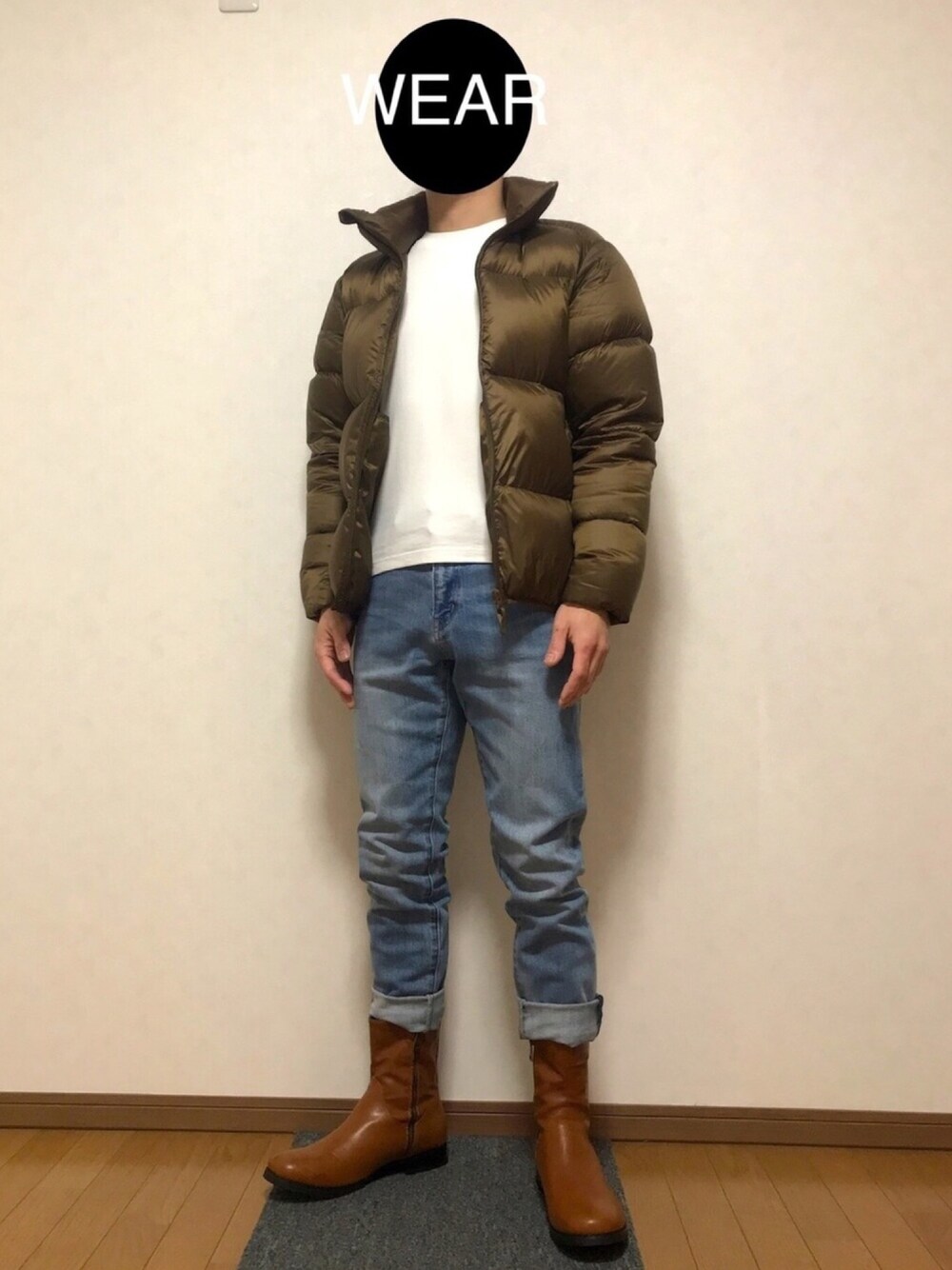 「ブラウン色に染まれ、おしゃれさんと繋がりたい、ユニクロ、UNIQLO、zozoデニム、improves、スキニーデニム、ダウンジャケット、ブーツ」｜「UNIQLOのウルトラライトダウンボリュームジャケット（ダウンジャケット/コート、ブラウン系）」を使った、DAISUKEさん（メンズ・166cm）の冬コーディネートの1枚目の写真
