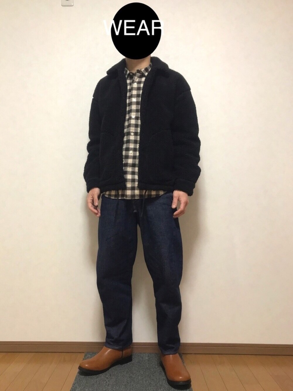 「ブラウン色に染まれ、おしゃれさんと繋がりたい、GU、Levi's、バキーパンツ、ボア、コーチジャケット、チェックシャツ、プチプラ」｜「GUのアイテム（ブルゾン、ブラック系）」を使った、DAISUKEさん（メンズ・166cm）の冬コーディネートの1枚目の写真