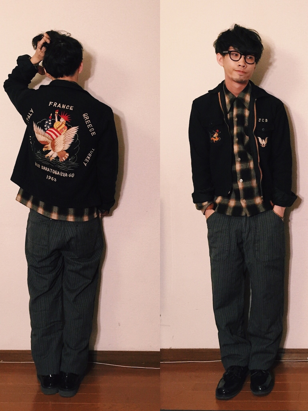 「シンプル、ネイビー、古着MIX、エナメルシューズ、ワークパンツ、ウールシャツ、スーベニアジャケット、vintage、めがね、モノトーン」｜「VINTAGEのアイテム（ミリタリージャケット、ブラック系）」を使った、old_goldさん（メンズ・170cm）の冬コーディネートの1枚目の写真