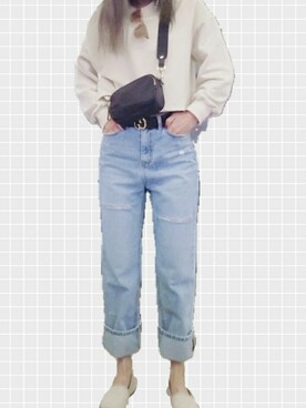 「chuu（チュー）のアイテム（デニムパンツ、ブルー系）」を使った、meguさん（レディース・170cm）の春コーディネート
