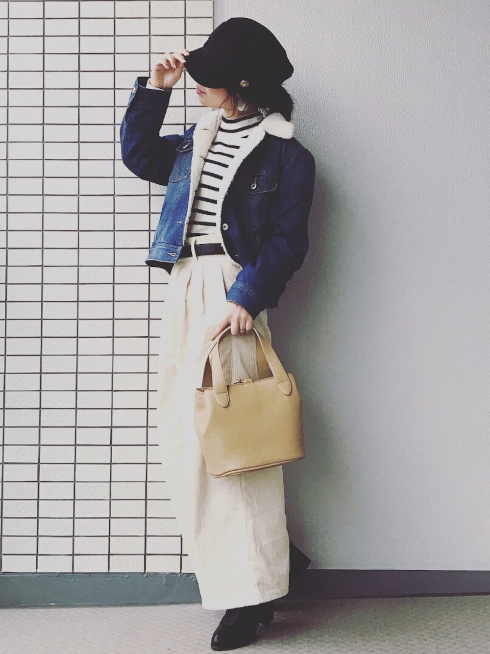 「ボアデニムジャケット、コーデュロイワイドパンツ、ワイドパンツ GU、GUコーデ、GUMANIA、上下GU、マリンコーデ、マリンキャップ、ボーダーニット、低身長」｜「帽子屋そらのマリンキャップ（キャスケット、ブラック系）」を使った、♥hapiko♥さん（レディース・153cm）の秋コーディネートの1枚目の写真