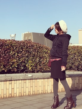 「パーカー×シャツ」｜「アイテム（ハンチング/ベレー帽）」を使った、♥hapiko♥さん（レディース・153cm）の冬コーディネート