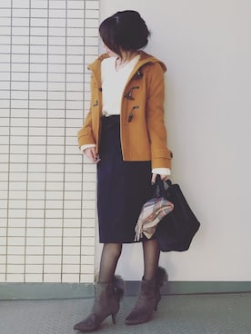 「ハイウエストスカート」｜「アイテム（ダッフルコート）」を使った、♥hapiko♥さん（レディース・153cm）の冬コーディネート