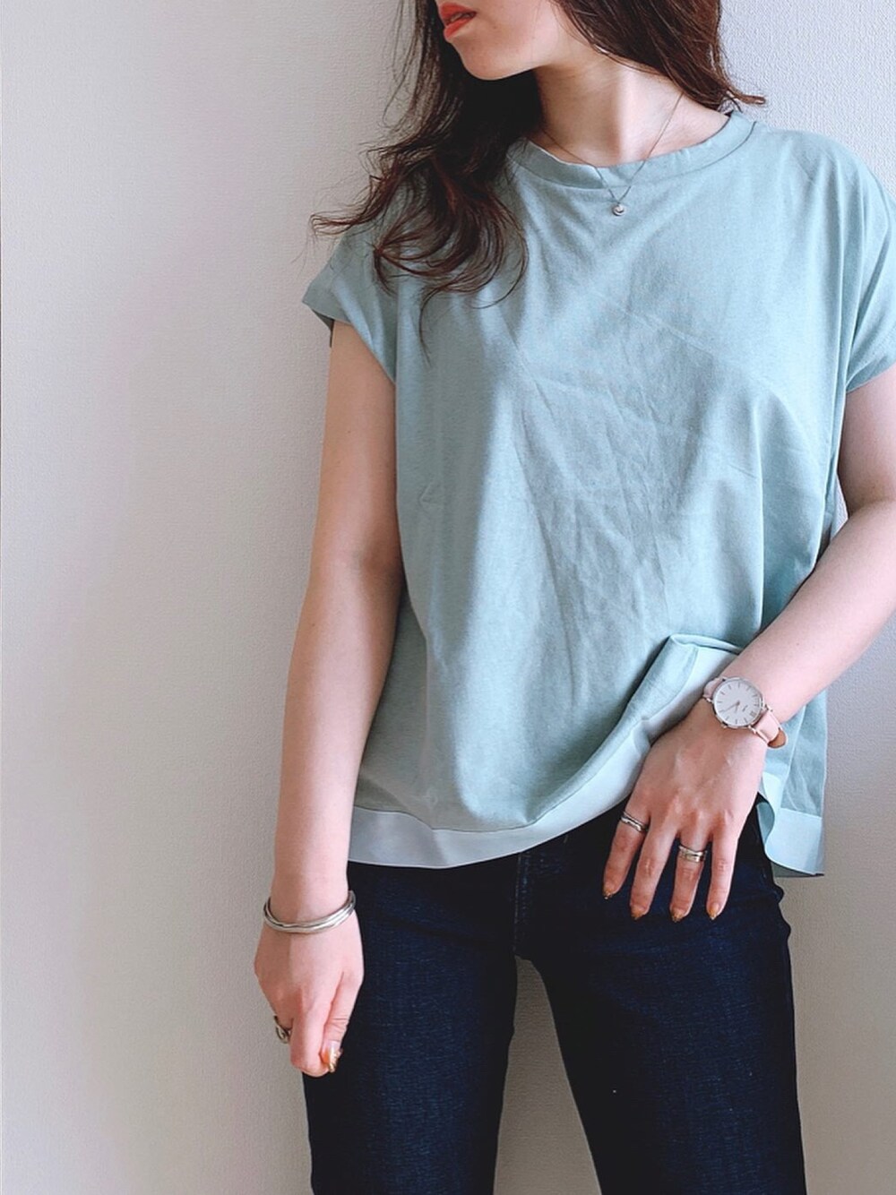 「今日のコーデ、オトナカジュアル、低身長コーデ、UNIQLO、カットソー、シンプルコーデ、ブルーグレー、ユニクロ、プチプラ、雨の日コーデ」｜「CLUSEの＜CLUSE＞∴カラーレザー38mmフェイスウォッチ/シルバーカラー（アナログ腕時計、ピンク系）」を使った、♥hapiko♥さん（レディース・153cm）の夏コーディネートの1枚目の写真
