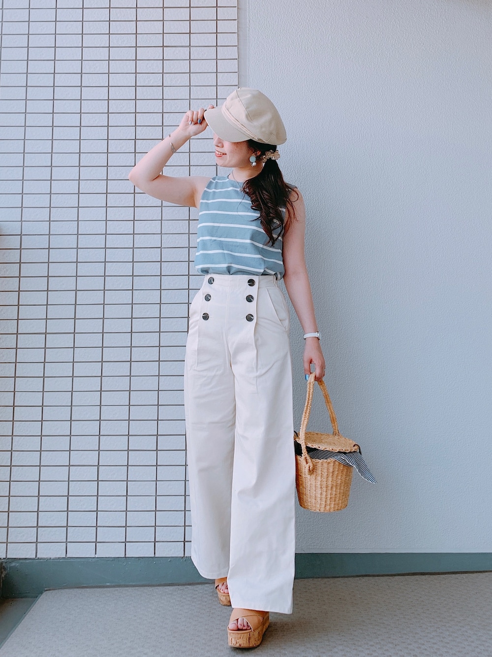 「夏のボーダーフェス、マリンコーデ、マリンワイドパンツ、大人カジュアル、ノースリーブ、低身長コーデ、ユニクロ、GU、プチプラ、muun」｜「UNIQLOのボーダーT（ノースリーブ）（Tシャツ/カットソー、ブルー系）」を使った、♥hapiko♥さん（レディース・153cm）の夏コーディネートの1枚目の写真