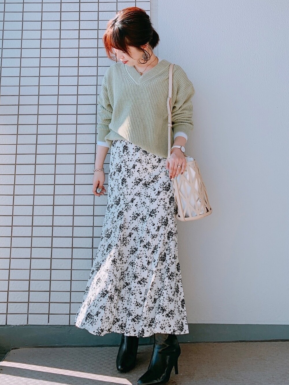 「オトナカジュアル、今日のコーデ、上下UNIQLO、全身ユニクロ、ミントグリーン、キレイめ、プチプラ、ロングスカート、低身長、低身長コーデ」｜「UNIQLOのボリュームVネックロングセーター（長袖）（ニット/セーター、グリーン系）」を使った、♥hapiko♥さん（レディース・153cm）の冬コーディネートの1枚目の写真