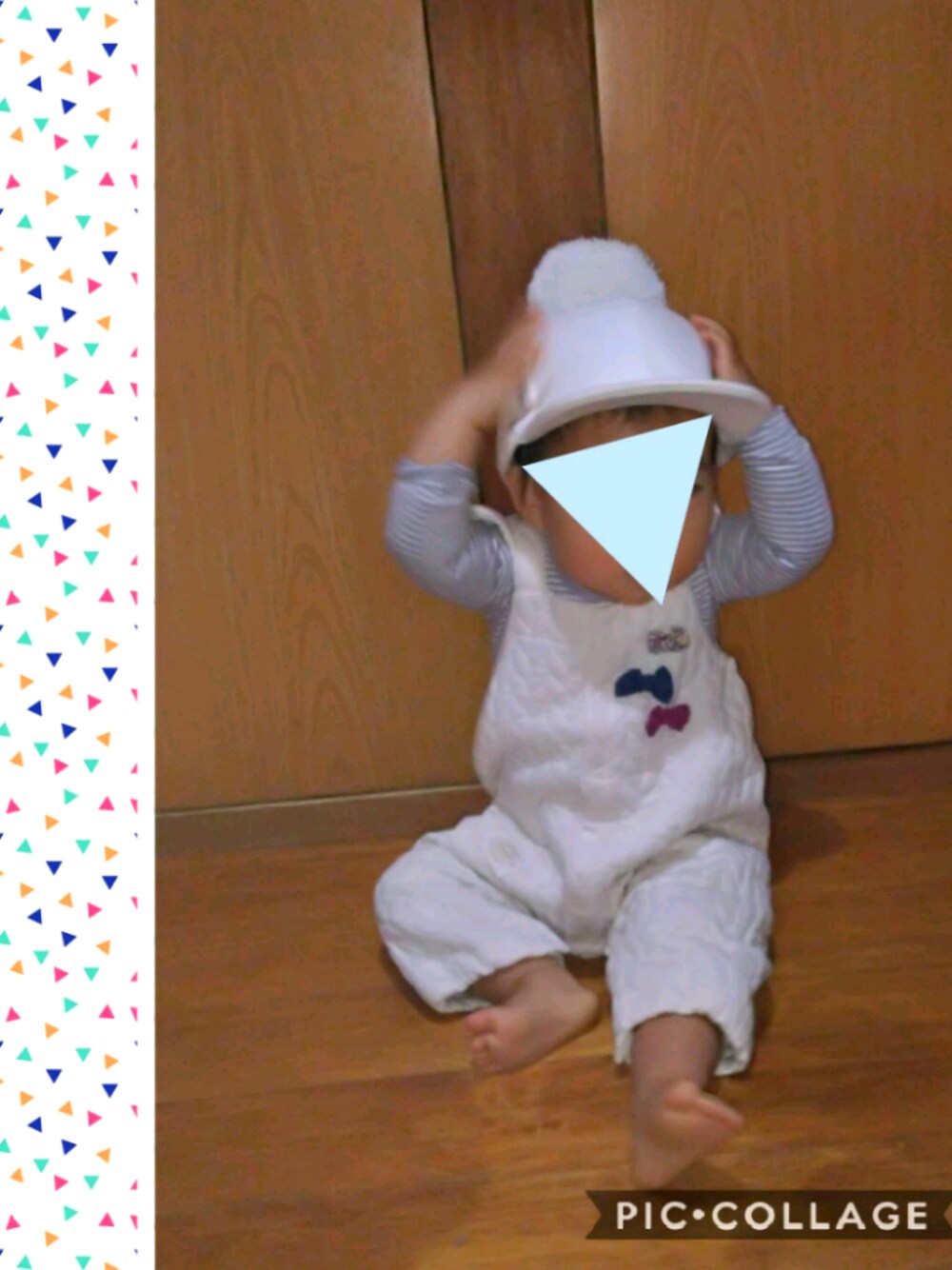 「秋コーデ、娘コーデ、1歳2ヶ月、kids、子供服、女の子、プチプラ、ポンポン帽子、ポンポンキャップ」｜「petit mainのポンポン付きキャップ（キャップ、ホワイト系）」を使った、のゆせさん（キッズ・80cm）の秋コーディネートの1枚目の写真