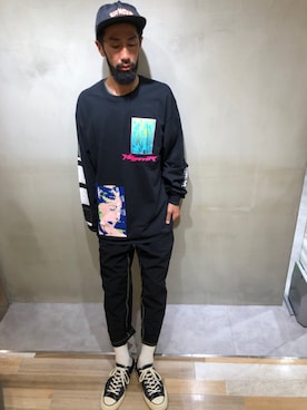 「RIPNDIP（リップンディップ）のアイテム（帽子）」を使った、LHP池袋スタッフ４さん（メンズ・170cm）の夏コーディネート