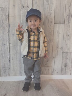 「ツイードパンツ」｜「アイテム（キャップ）」を使った、yusyu☺︎︎✩︎さん（キッズ・90cm）の春コーディネート