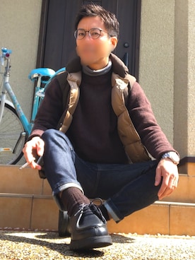 「WOOLRICH（ウールリッチ）のアイテム（ダウンベスト）」を使った、お松さんさん（メンズ・165cm）の春コーディネート