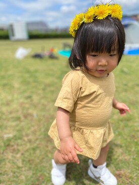 「ASICS（アシックス）のasics アシックス ファブレファーストSL3 (12-135) TUF123 0195 ホワイト/CPGL（スニーカー）」を使った、なあさん（キッズ・70cm）の夏コーディネート