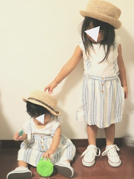 「アイテム（ジャンパースカート、ホワイト系）」を使った、RSKKさん（キッズ・80cm）の夏コーディネート