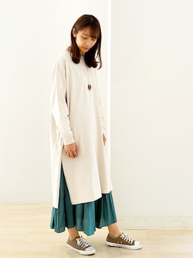 「AMERICAN HOLIC（アメリカンホリック）のソフトプリーツギャザーロングスカート① ＊（スカート）」を使った、てぃなみーさん（レディース・162cm）の春コーディネート