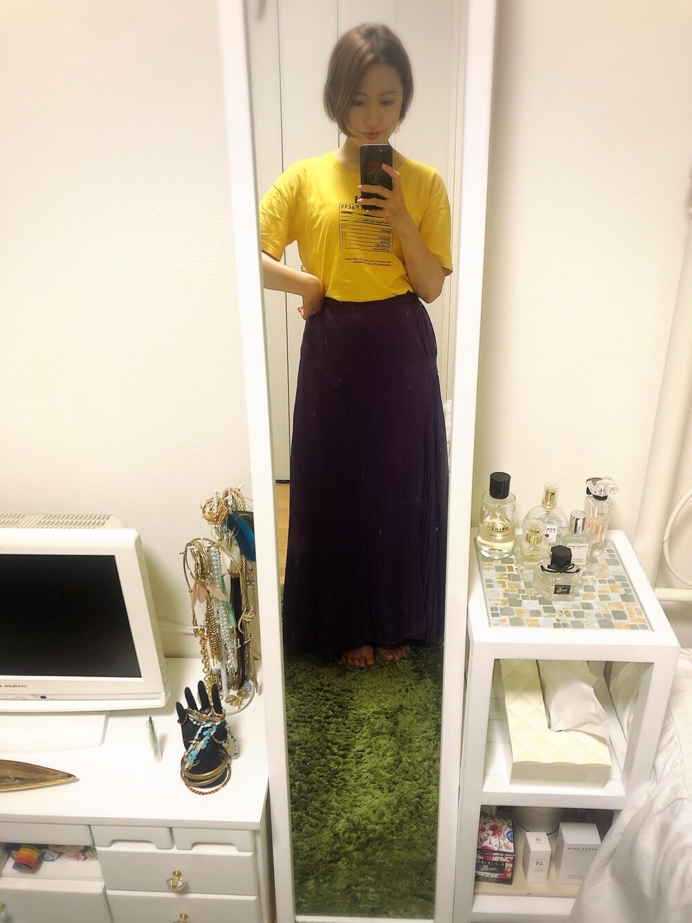 「シンプル、休日スタイル、ゆるコーデ、きれいめカジュアル、古着、古着MIX、古着コーデ、vintage、VINTAGE、ゆるカジ」｜「ZARAのアイテム（Tシャツ/カットソー、イエロー系）」を使った、kn☽︎‪︎.*·̩͙‬mさん（レディース・155cm）の夏コーディネートの1枚目の写真