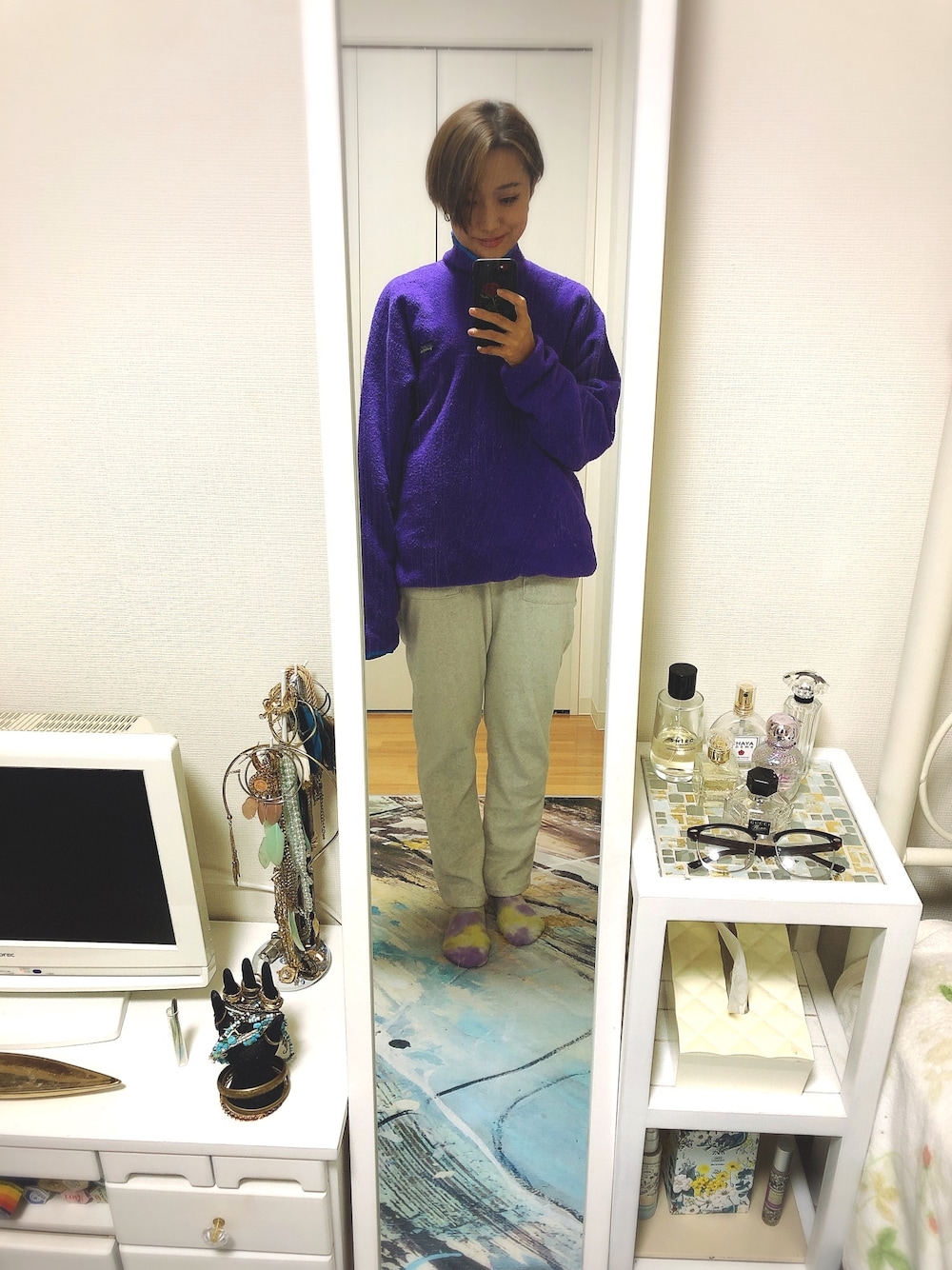 「patagonia、ナイロンジャケット、ストリートMIX、ストリート、古着、古着MIX、古着コーデ、used、フリース、下北沢」｜「patagoniaのアイテム（ジャケット/アウター、パープル系）」を使った、kn☽︎‪︎.*·̩͙‬mさん（レディース・155cm）の秋コーディネートの1枚目の写真