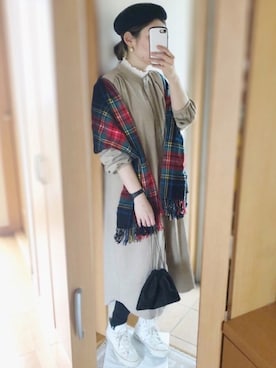 「reca（レカ）のチェック柄大判ストール（ストール/ショール）」を使った、かなっぺさん（レディース・166cm）の秋コーディネート