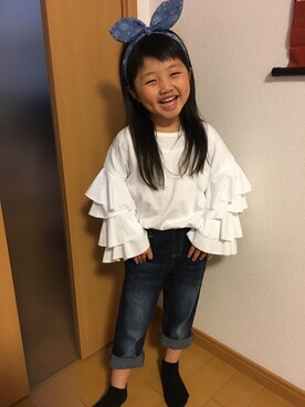 「no brand（ノーブランド）のアイテム（T Shirts、ホワイト系）」を使った、smileさん（キッズ）の春コーディネート