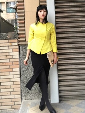 「yellow」｜「アイテム（ノーカラージャケット）」を使った、Ingridさん（レディース・172cm）の冬コーディネート