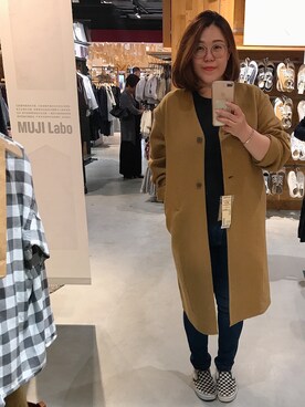 「無印良品（ムジルシリョウヒン）のアイテム（ノーカラージャケット）」を使った、Vicky Hsuさん（レディース・163cm）の冬コーディネート