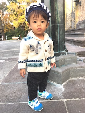 「カウチンセーター」｜「アイテム（ハンチング/ベレー帽）」を使った、RUI74oさん（キッズ・80cm）の秋コーディネート