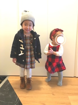 「赤チェック」｜「アイテム（ダッフルコート）」を使った、K☻M さん（キッズ・90cm）の冬コーディネート