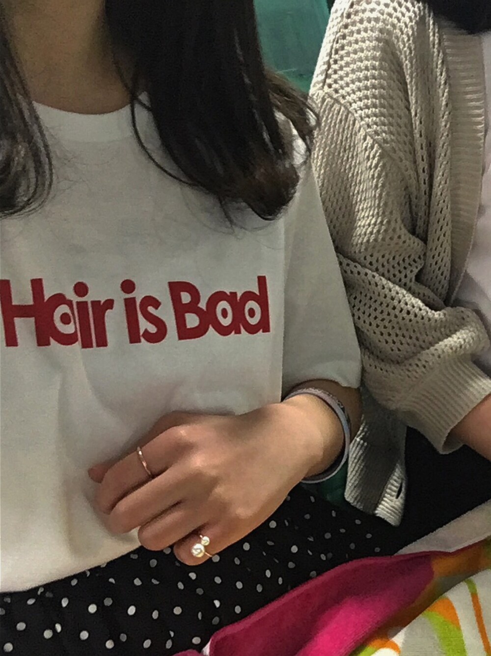 「マイヘア、MyHairisBad、バンドT」｜「My Hair is Badのアイテム（Tシャツ/カットソー、ホワイト系）」を使った、saaaさん（レディース・165cm）の春コーディネートの1枚目の写真