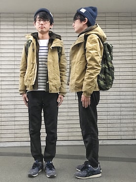 「ニットキャップ」｜「アイテム（マウンテンパーカー）」を使った、エーデルワイス門田樹さん（メンズ・168cm）の冬コーディネート