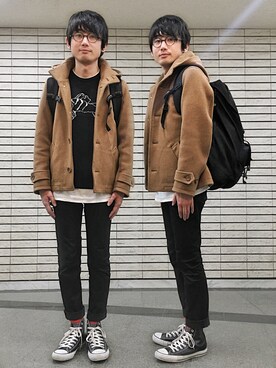 「HARE（ハレ）のアイテム（その他アウター、ブラウン系）」を使った、エーデルワイス門田樹さん（メンズ・168cm）の春コーディネート