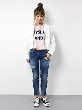 「Ungrid（アングリッド）のフレイドヘムストスリ（デニムパンツ）」を使った、SUBさん（レディース・154cm）の春コーディネート