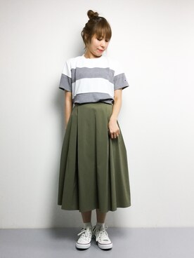 「SLOBE IENA（スローブイエナ）の《WEB限定》PEタイプライターミモレスカート◆（スカート）」を使った、SUBさん（レディース・154cm）の夏コーディネート