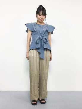 「SLOBE IENA（スローブイエナ）のレジメンストライプパンツ◆（その他パンツ）」を使った、SUBさん（レディース・154cm）の夏コーディネート