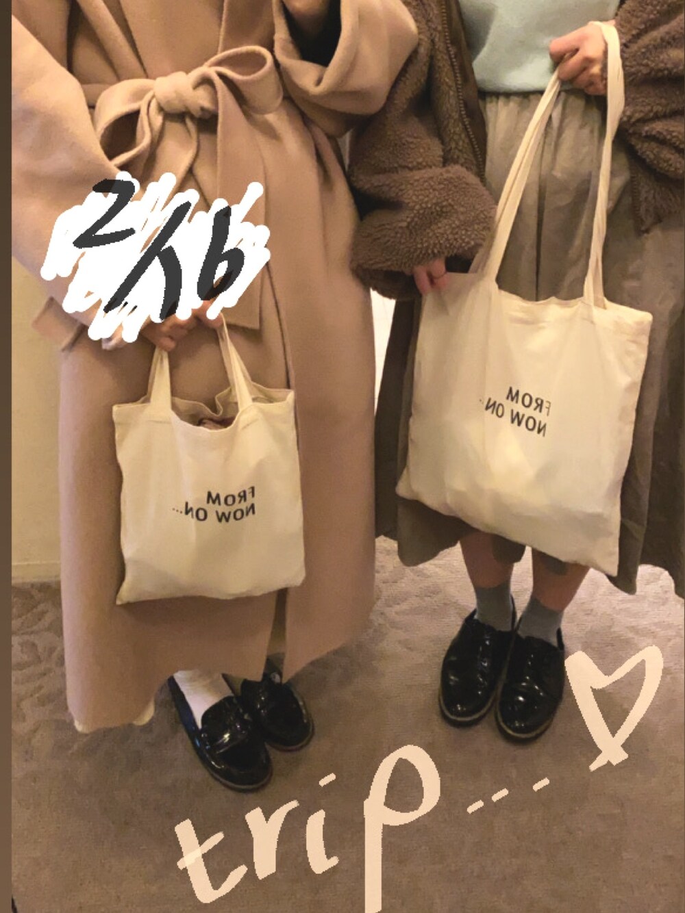 「fromnowon、イチゴフェス、おそろコーデ、春コーデ、旅行」｜「from now onのアイテム（トートバッグ、ベージュ系）」を使った、cocorotimeさん（レディース・155cm）の冬コーディネートの1枚目の写真